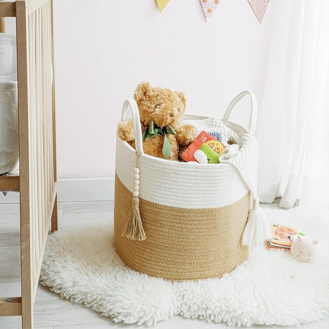 Mkono Woven Storage Basket Decorative Natural Rope Basket Wooden Bead Decoration for Blankets,Toys,Clothes,Shoes,Plant Organizer Bin with Handles Living Room Home, 16" Wx13.8 L, Cream White and Brown