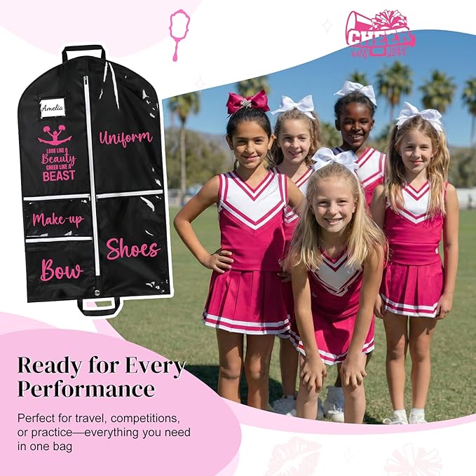 DEEKA Cheer Garment Bag for Hanging Clothes with Zipper Pockets Cheer Accessories Mom Essentials Uniform Costume 40 Inch Black Bags Stuff for Cheerleading Girls (Black,Hot Pink-Cheer Quote)