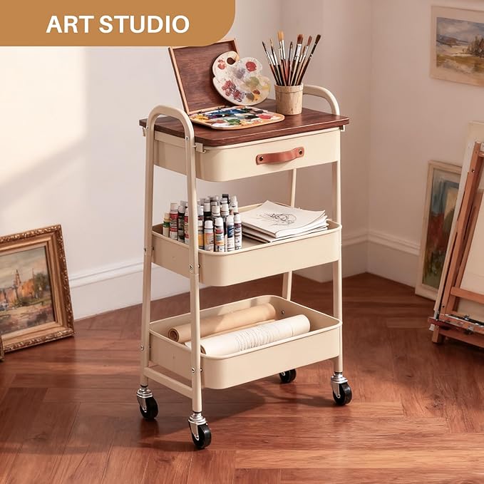 AGTEK Rolling Cart with Drawer, 3 Tier Movable Metal Utility Organizer with Wooden Board, Mobile Trolley Cart for Home & Office, Beige