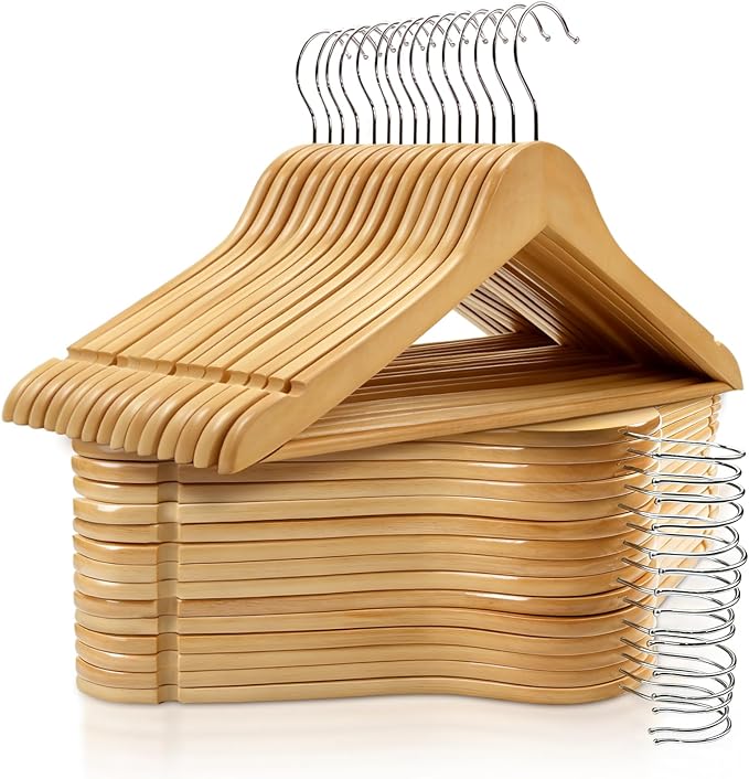 30 Pack Wooden Hangers, Solid Wood Coat Hanger with 360 Swivel Hook, Smooth Finish 17.5 Inch Clothes Hanger with Shoulder Groove for Shirts, Pants, Suits, Jackets, Dresses, Sweaters, Natural