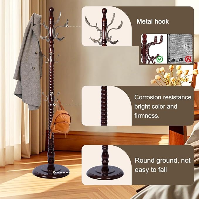 Wood Coat Rack Freestanding with 14 Hooks, 73 Inches Adjustable Height Coat Rack Stand, Vintage Hall Tree Coat Racks with Stable Round Base for Entryway, Bedroom (Reddish Brown-Metal Hook)