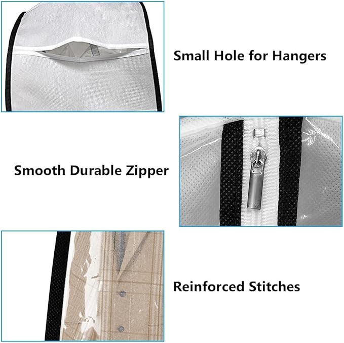 50" Clear Clothes Hangers with Smooth Side Zipper, 10" Gusseted Waterproof Garment Bags for Shirts, Coats, Dresses, Suits, 4 Pack