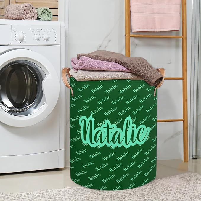 Personalized Laundry Basket, Custom Gift Laundry Hamper, Collapsible Nursery Waterproof Laundry Baskets, Dirty Clothes Toy Hamper with Handles Name Text Green