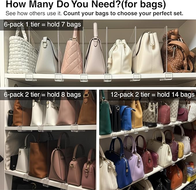Shelf Dividers Purse Organizer for Closet: 6-inch Tall(Shorter Version) Acrylic Handbag Organizer - Small Space Separator for Clutches Evening Bags Pouches Mini-Bags on Wood Shelves 8-Pack