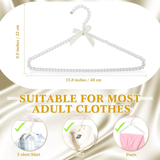 Threan 30 Pcs 16 Inch Pearl Clothes Beaded Clothing Hanger with Ribbon Bowknot Metal Elegant Clothes Standard Hanger for Women Bride Wedding Dress Coat Shirt