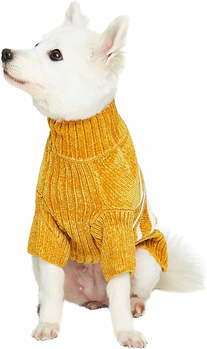 Blueberry Pet Cozy Soft Chenille Classy Striped Dog Sweater in Mustard, Back Length 16", Pack of 1 Clothes for Dogs