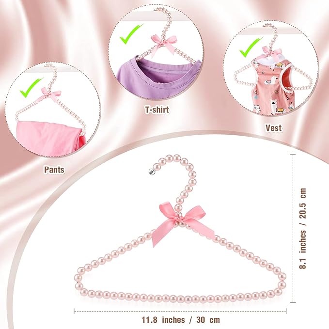 Threan Pink 24 Pcs Pearl Beaded Clothes Hanger Mini Pearl Beads Small Metal Clothes Hangers with Ribbon Standard for Kids Baby Children Pet Dog