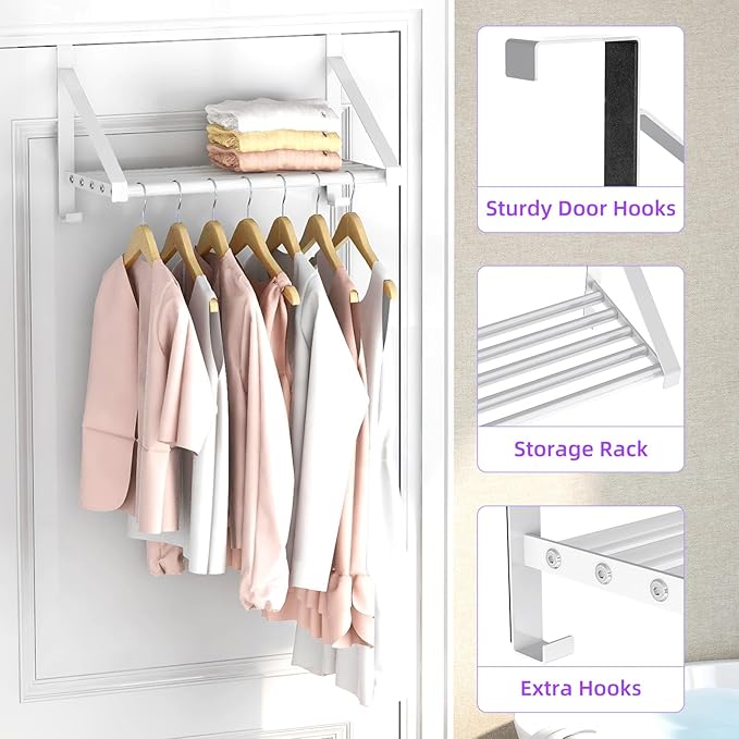 Over The Door Clothes Hanger with 2 Hooks, Stainless Steel Over The Door Hangers for Clothes with Storage Rack, Clothing Hanger Drying Racks for Laundry, Washroom, Fits Door Up to 1.77", White