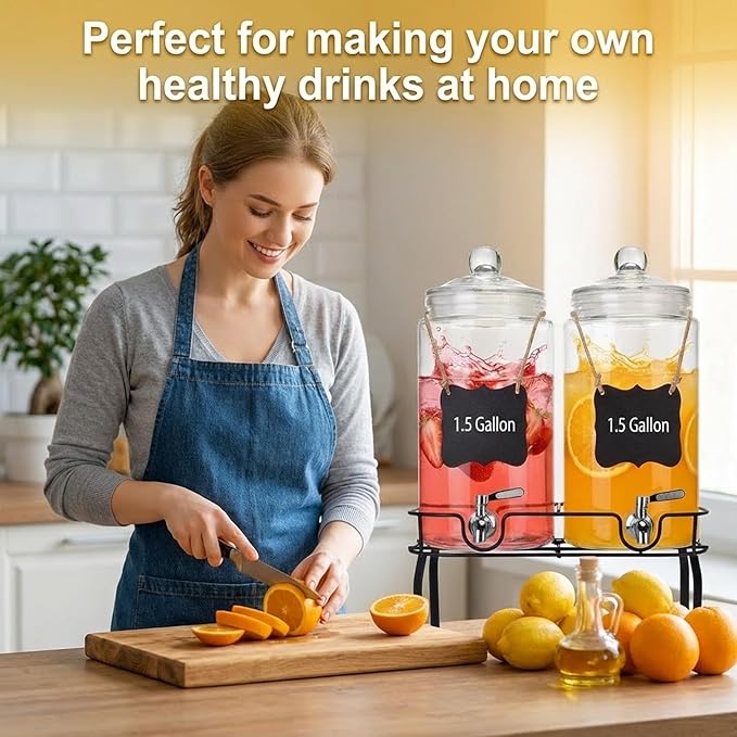 1.5 Gallon Glass Drink Dispenser Set of 2, Drink Dispensers for Parties, Beverage Dispenser with Stand and Glass Lid, 100% Leakproof Spigot, Ideal for Lemonade, Juice, Laundry Detergent