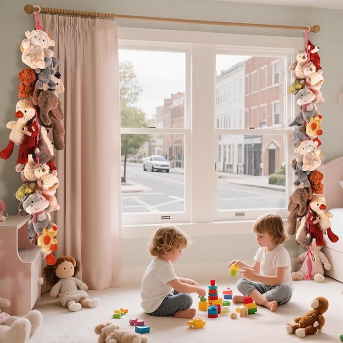1/2 pcs 80" Cotton Hanging Storage Chain for Stuffed Animals Storage with 20 Metal Clips, Stuffed Animal Organizer Chain for Wall Corner Nursery Play Room, Pink