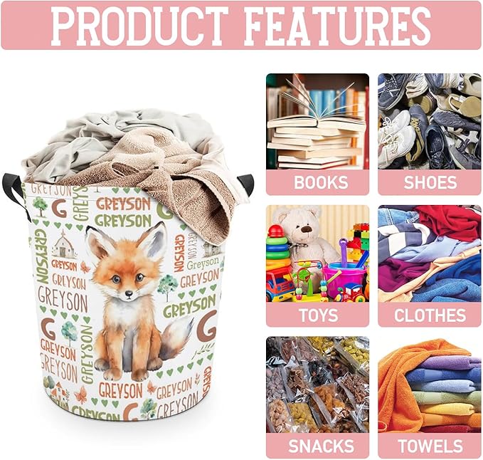 Fox Laundry Basket,Custom Laundry Hamper with Name,Personalized Fox Gifts for Boys Girls,Customize Collapsible Laundry Basket for Bedroom Bathroom,M-19.5"X 15.7"