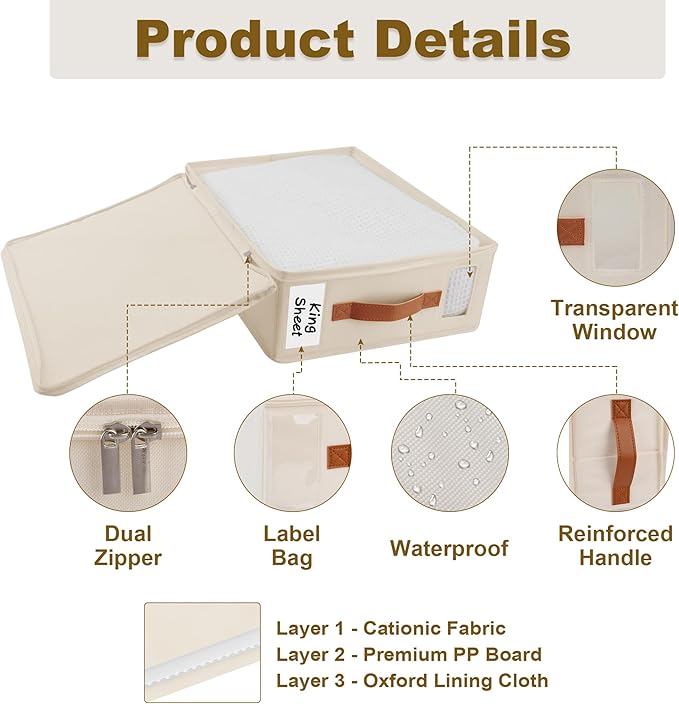 Bed Sheet Organizer 4 Pack - No Insects Entry Sheet Organizers and Storage with Zipper, Label, Handle, Window, Linen Closet Organizers and Storage for Sheet Set, Clothing, Duvet Covers, Blanket