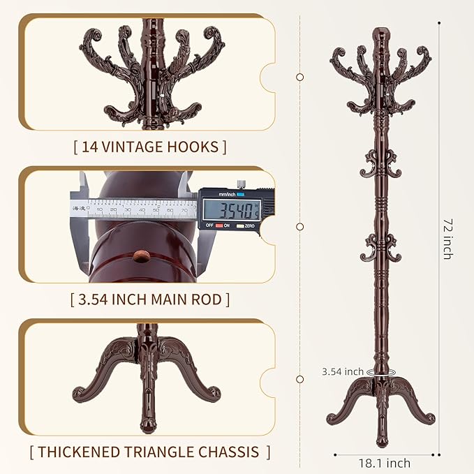 ZOZOE Wooden Classic Coat Rack Stand, Solid Wood Coat Rack Freestanding with 14 Hooks, Vintage Coat Racks with Sturdy Triangle Base, Natural Birch Wood Coat Tree Stand for Entryway Hallway