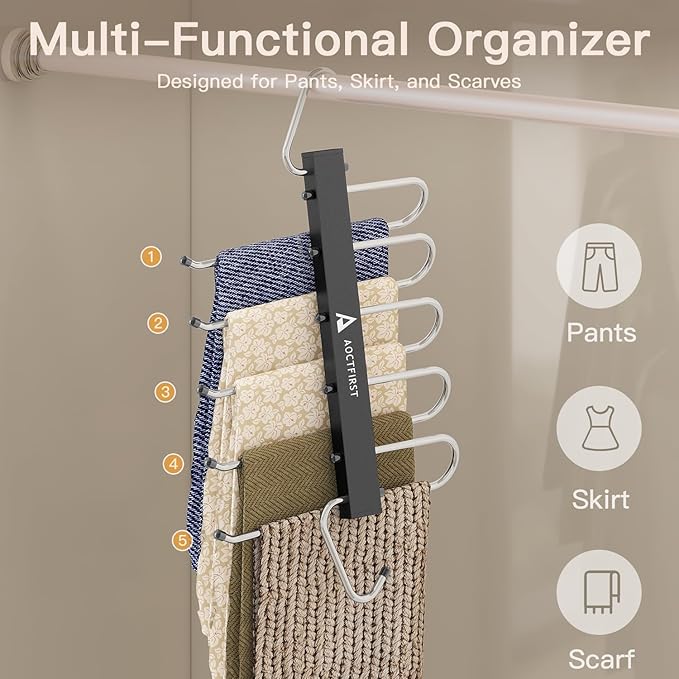 Closet Organizer Hangers Space Saving 6 Pack - 5-Tier Pants Hanger for Jeans, Shorts & Skirts | Vertical Storage Solution | Heavy Duty Black Finish