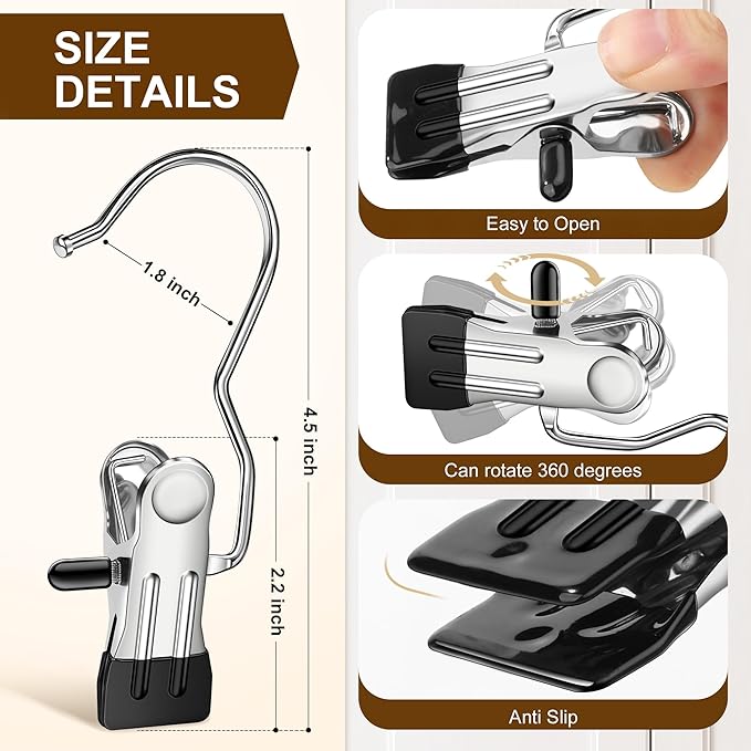 Myfolrena Hanger Clips for Hanging Heavy Duty Clothes Hooks Clips 18pc Clothes Pins for Closet,Clips with Hooks Metal Laudry Hooks for Pants,Boot,Hat,Leggings,Jeans,Shoes