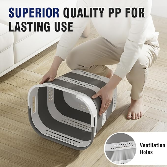 Collapsible Plastic Laundry Basket Hamper with Handles, Large 42L Portable Rubber Clothes Basket, Pop Up Storage Container/Organizer for Washing & Storage, Grey