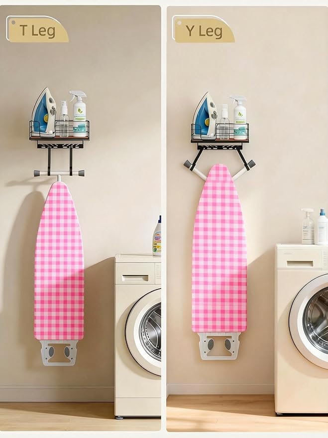 THYGIFTREE Ironing Board Hanger Wall Mount Adjustable Hooks Fits T & Y Shaped Boards, Iron Holder Metal Frame with Wood Shelf for Laundry Room Organization, Holds Iron, Steamer & Accessories