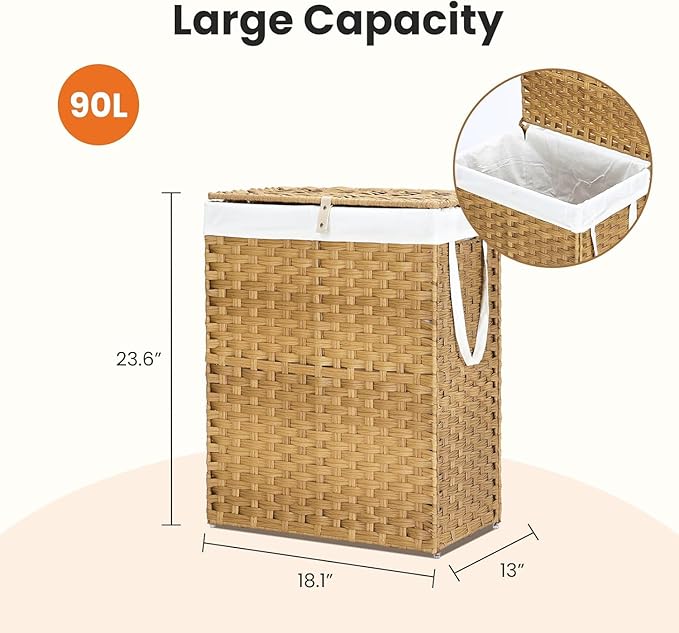 Laundry Hamper with Lid, 90 L Rattan Clothes Laundry Basket with Lid and Handles, Foldable Clothes Hamper, Removable Liner, Goose Yellow
