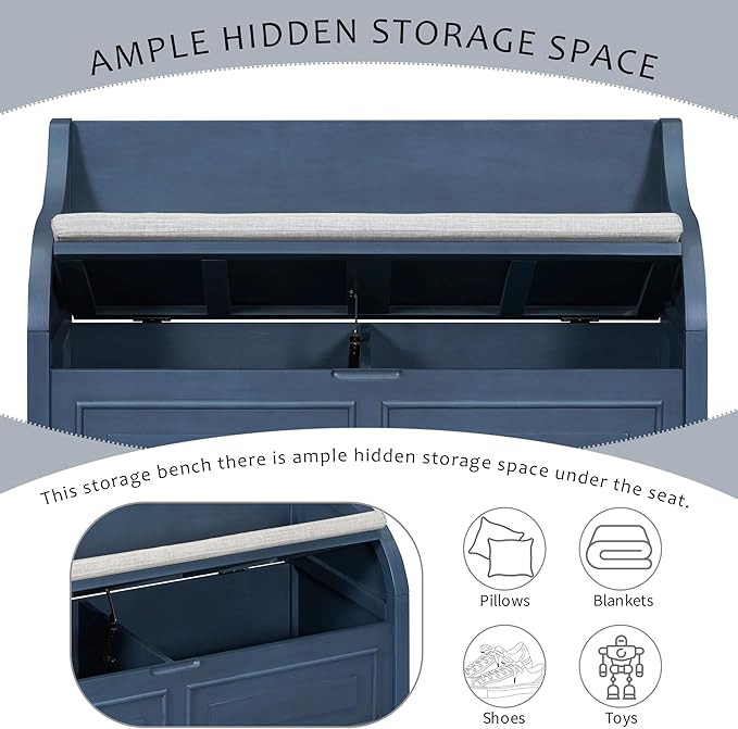 42" Rustic Storage Bench Entryway Bench Shoe Cabinet Ottoman with Safety Hinge, Removable Seat Cushion & Hidden Storage Space for Hallway Entryway Living Room Mudroom End of Bed (Antique Navy)