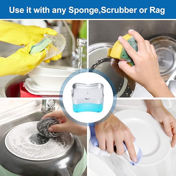Premium Quality Soap Dispenser with Added Features for Kitchen - Sponge Holder Sink Dish Washing Soap Dispenser 13 Ounces Silver