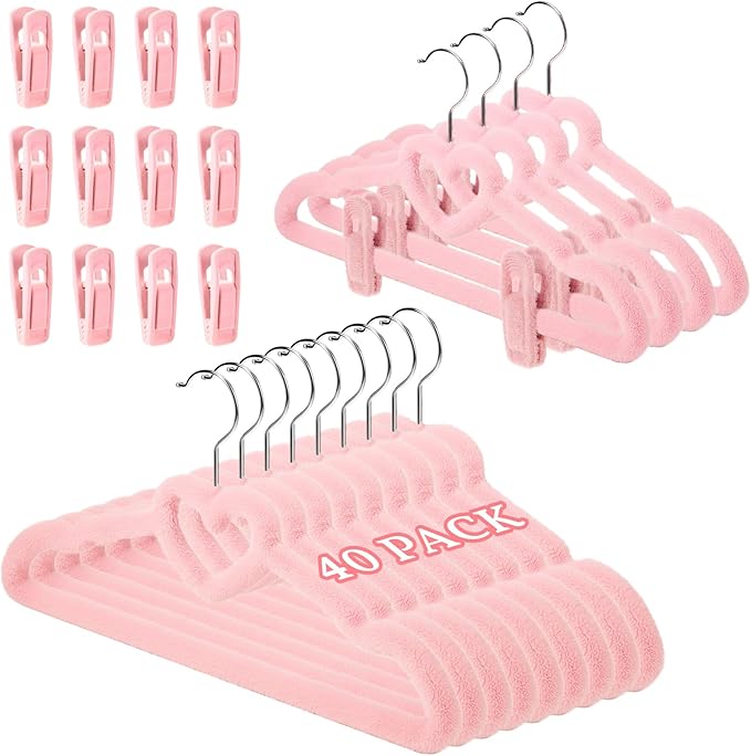 Tessco for you 40 Sets Pink Velvet Heart Hangers with Clips Non Slip Flocked Felt Heart Clothes Hangers 360° Degree Swivel Hook Space Saving Cute Drying Rack for Closet Space Saving Room Decor