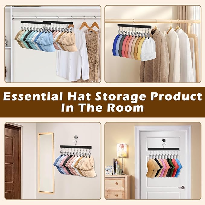 2 Pack Hat Organizer for Baseball Caps with 10 Stainless Steel Clips, Wooden Baseball Cap Organizer, Fits All Caps, Black