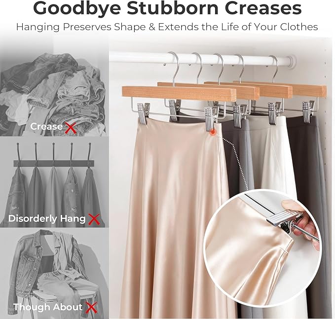HOUSE DAY Wooden Pants Hangers with Clips, Solid Lotus Deluxe Wood Skirt Hangers, Heavy Duty & Anti-Rust Hook for Wrinkle-Free Slacks, Skirts, Jeans, Space Saving for Closet 10 Pack (Natural)