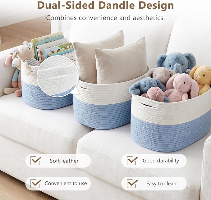 Cotton Rope Storage Basket, 15x10x9 Inches, Woven Basket for Shelves, Clothes, Towels, Books, and Laundry, White Blue (2 Pack)