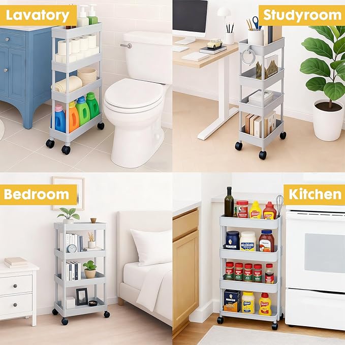 ShellKingdom 4 Tier Bathroom Storage Organizer, Slim Rolling Storage Cart for Narrow Space, Mobile Shelving Unit with Lockable Wheels and Hooks for Bathroom, Kitchen, Laundry Movable Shelf (Grey)