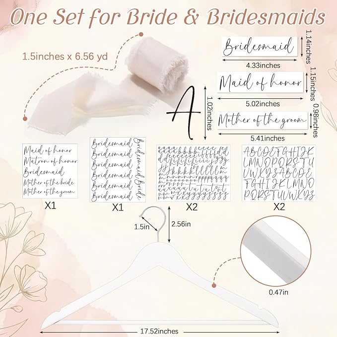 Chunful 10 Pack Personalized Bride Hanger for Wedding Dress Custom Name White Wooden Bridal Hangers with UV Dtf Transfers Natural Wood Dress Hanger with Ribbon Bow Bride Wedding (Silk Ribbon,Ivory)