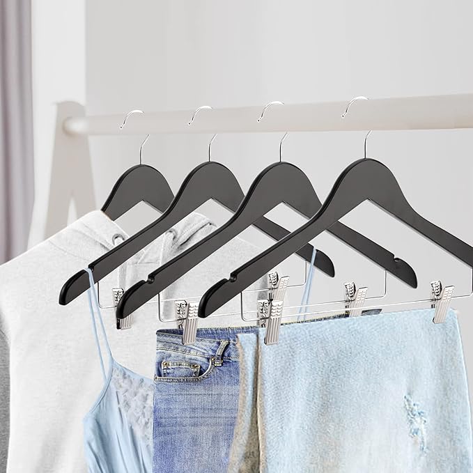 Tosnail 12-Pack Wooden Pants Clothes Hangers, Wooden Suit Hangers with Steel Clips and Hooks, Natural Solid Wood Collection Skirt Hangers, Standard Clothes Hangers - Black