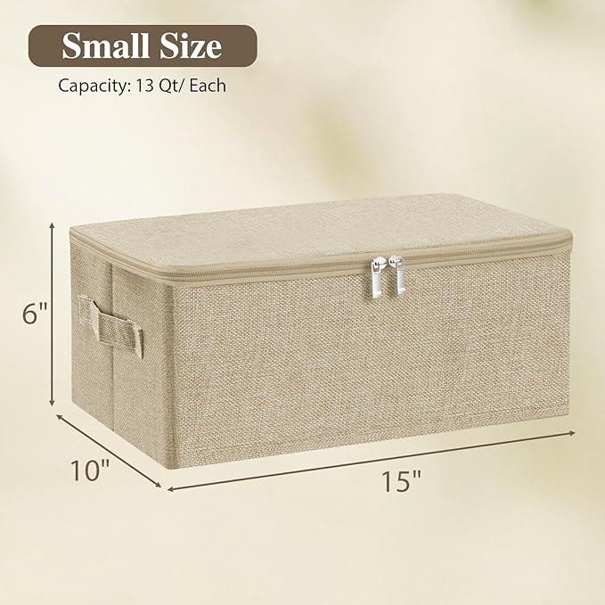 ANMINY 3PCS Storage Bins with Zipper Lids 13 Qt Lidded Fabric Storage Boxes Baskets Cubes with Handles Collapsible Washable Cotton Linen Closet Shelf Clothes Organizer Containers - Beige, Small