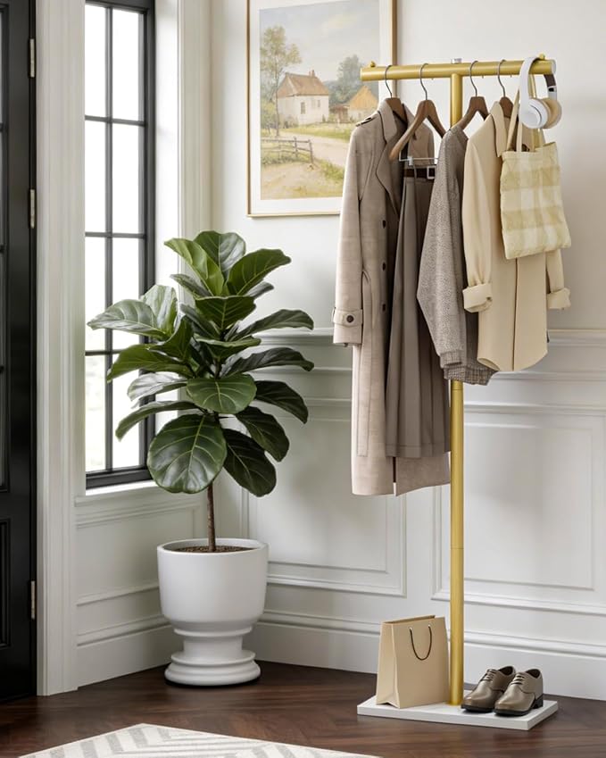 T-shaped Coat Rack Freestanding, Modern Clothes Rack with Rock Slab Base, Heavy-duty Metal Coat Tree for Boutiques, Hallway, Entryway, 68.9 Inches High, Golden Yellow, GYJ001WJ