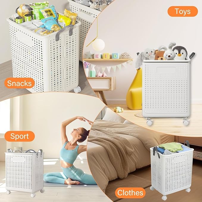 42L Large Heavy Duty Laundry Hamper On Wheels and Handle, Foldable Collapsible Laundry Basket, Space Saving Laundry Room Organization With Lid For Home Storage, Clothes (Cream)