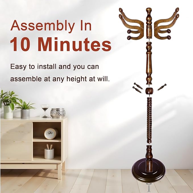 Coat Racks Freestanding, Natural Wood Coat Stands with 14 Hooks, 73" Heavy Duty Adjustable Height Vintage Hall Tree for Entryway, Bedroom, Office, Easy Assembly (Antique color)