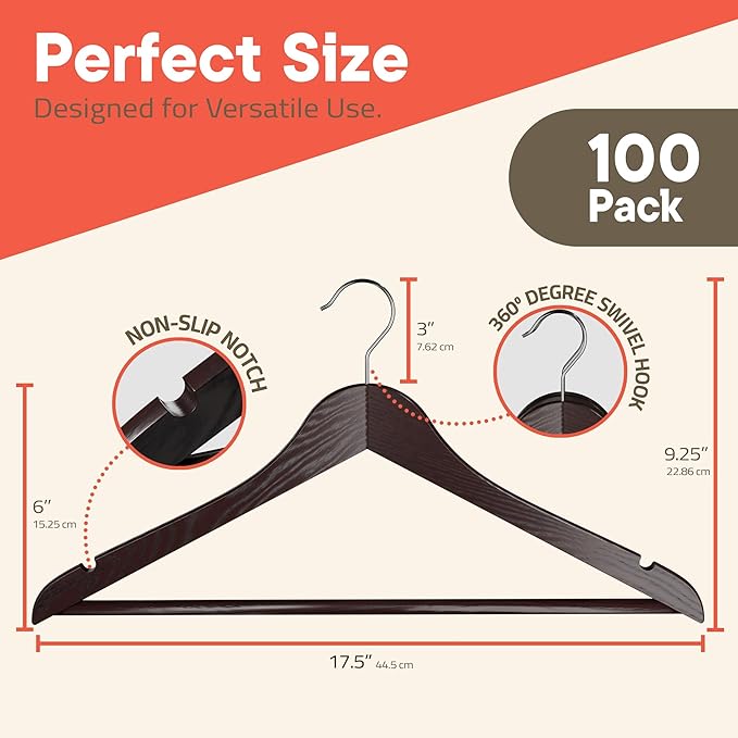 Cherry Wooden Hangers 100 Pack – Heavy-Duty with 360° Swivel Hook, Non-Slip, Pants Bar & Shoulder Grooves - Wooden Hangers for Suits, Jackets, Dresses & Camisoles, Space-Saving and Smooth Finish