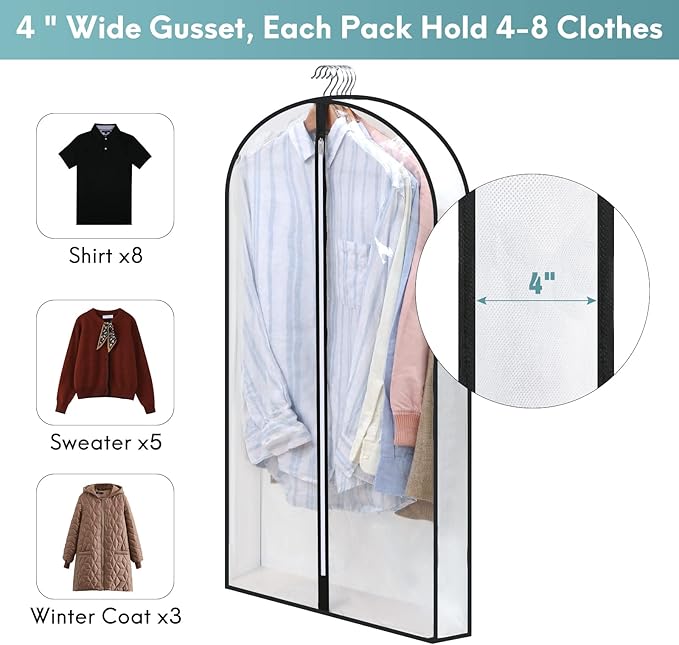 50" Clear Garment Bags for Hanging Clothes W/ 4" Gussetes, 4 Packs Suit Bags for Closet Storage, Plastic Waterproof Suit Cover Bags with Zipper for Coats, Jackets, Dresses