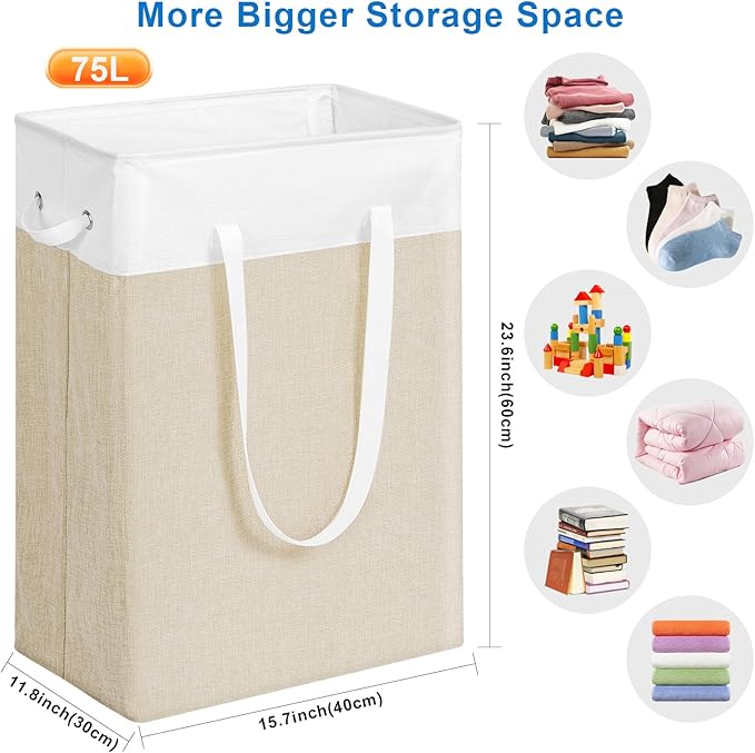 Stero Fabric Laundry Hamper 2 PACK, 75L Large Laundry Basket with Handles, Collapsible Dirty Clothes Hamper for Laundry Dorm, Bedroom, Bathroom, White&Beige
