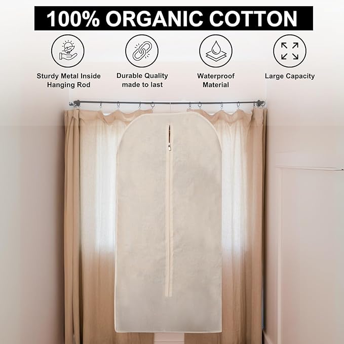 24x62 Cotton Garment Bag for Hanging Clothes, Garment Cover for Dust Free Storage