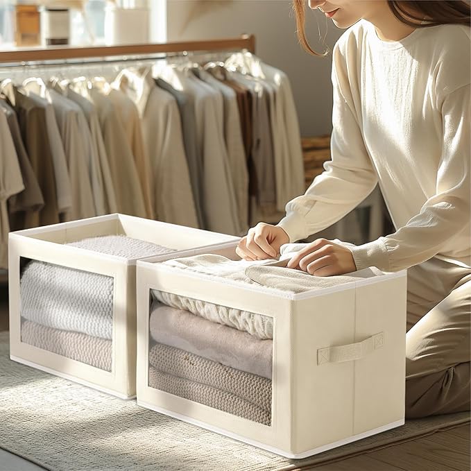 Large Storage Baskets with Lids - Stackable Cube Bins for Closet, 6 Pack Beige Windows Organizer Bins, Home Organizers and Storage for Clothes, CD, Towels