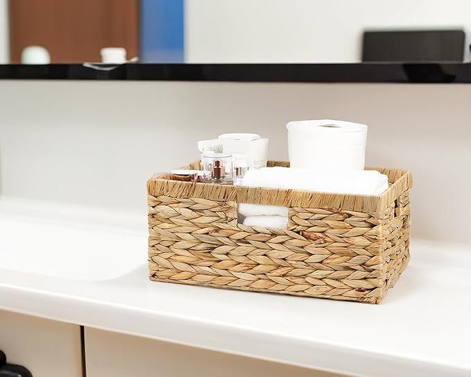 Large Wicker Basket, 15" Water Hyacinth Wicker Storage Baskets for Organizing, Rectangular Storage Baskets for Shelves, Rattan Woven Basket with Built-in Handles, 1 Pack (Natural, Large)