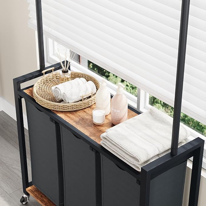 IDEALHOUSE Laundry Sorter 3 Section with Hanging Rack,Rolling Laundry Sorter Hamper with Shelf & Lockable Wheels,Laundry Basket Organizer for Laundry Room, Bedroom, Bathroom