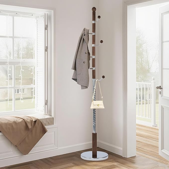 Solid Wood Coat Rack, Free Standing Hall Coat Tree with 6 Hooks, 3 Height Options, 180lbs Load, Stury Base, Clothes Rack for Entryway, Hallway, Bedroom (Disc Base - Walnuts Swivel Hook)