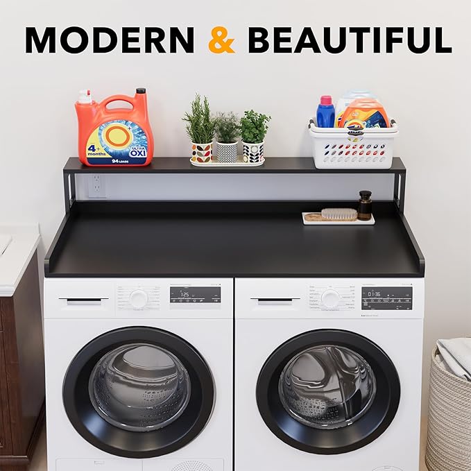 SpaceAid 2-Tier Washer Dryer Countertop, Laundry Topper with Rack Shelf 54" Width x 27.5" Depth x 10" Height Organizer Cover for Washer and Dryer Laundry Hamper Counter Storage (Black)