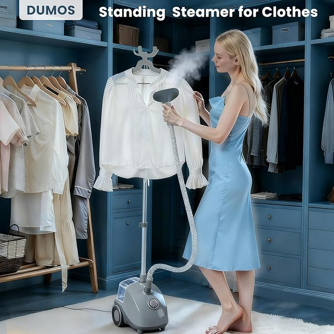 DUMOS Garment Steamer for Clothes Standing, 1500W Efficient Clothes Steamer Standing, 1.7L Water Tank for 55 Min Continuous Steaming with Wheels, Professional Fast Heating Wrinkle Remover