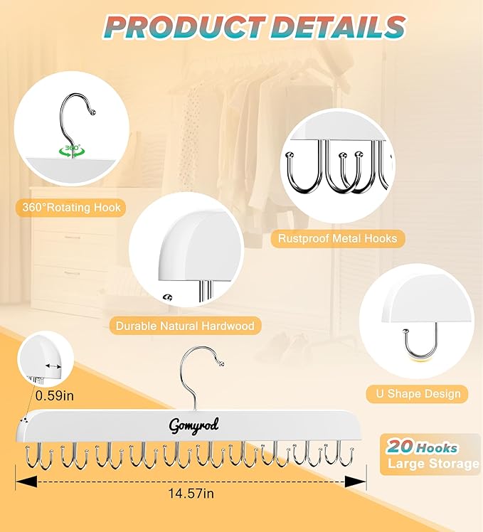 Bra Hanger for Closet, 1 Pack Tank Top Hanger w/20 Hooks Capacity Foldable Wood Space Saving Hangers, 360°Rotating Closet Organizers and Storage for Dorm & Apartment for Bra Scarf Ties(White)