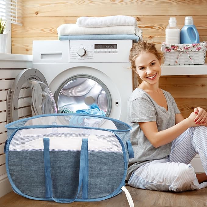 2 Pcs Collapsible Laundry Baskets, Tear Proof Pop Up Laundry Hamper with Dual Handles, Durable Foldable Laundry Basket, Easy to Carry Laundry Hamper for Home, Laundry Room, Bedroom, Dorm, Travel Blue