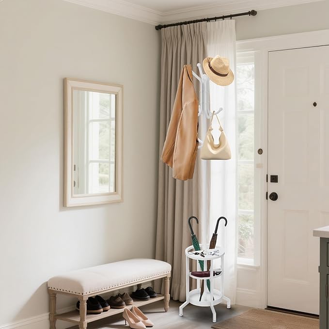 Coat Rack Freestanding, Coat Stand with Umbrella Holder, Metal Coat Tree with 12 Hooks, Coat Hanger Stand for Entryway, Coat Rack Stand for Bedroom, Living Room & Office