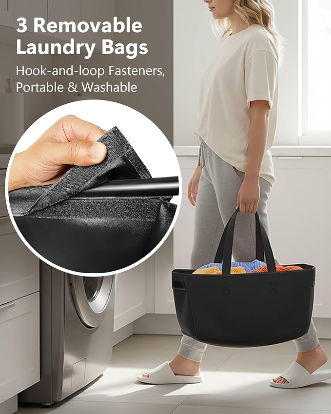 3 Section Laundry Sorter with Removable Bags, 120L Rolling Vertical Laundry Hamper, Stackable Laundry Baskets organizer for Bathroom, Apartment, Dorm (Black, With Wheel)