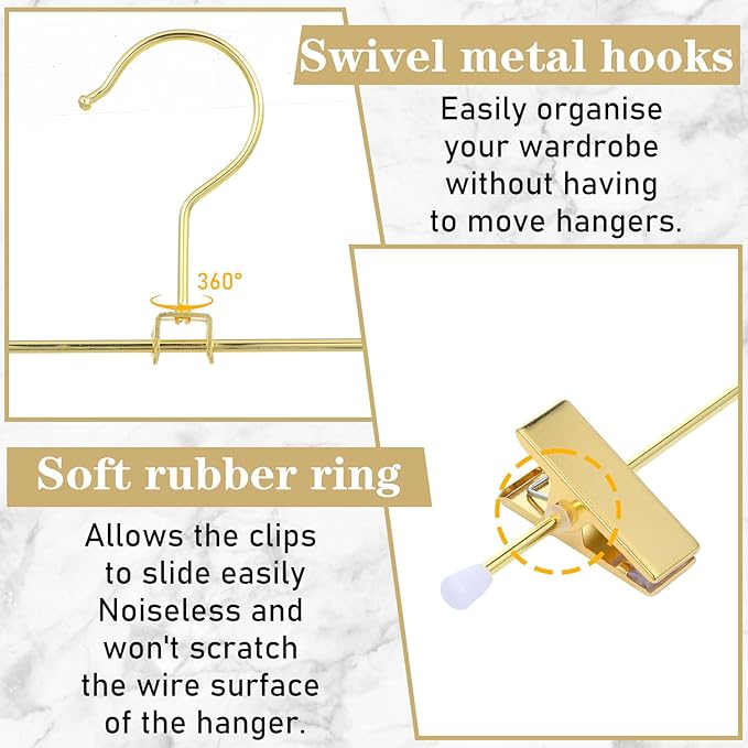 20 Pack Shiny Gold Metal Hangers 12 Inch Gold Pants Skirts Hanger with 2 Adjustable Non Slip Clips and Swivel Hook Sturdy Skirt Hangers with Clips for Skirts Slacks Jean Trousers